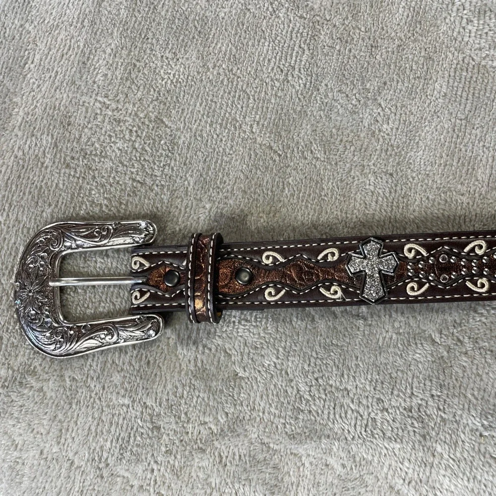 Ariat Belt Kids 24 Brown Rhinestone Western Cowgirl Cross Engraved Buckle